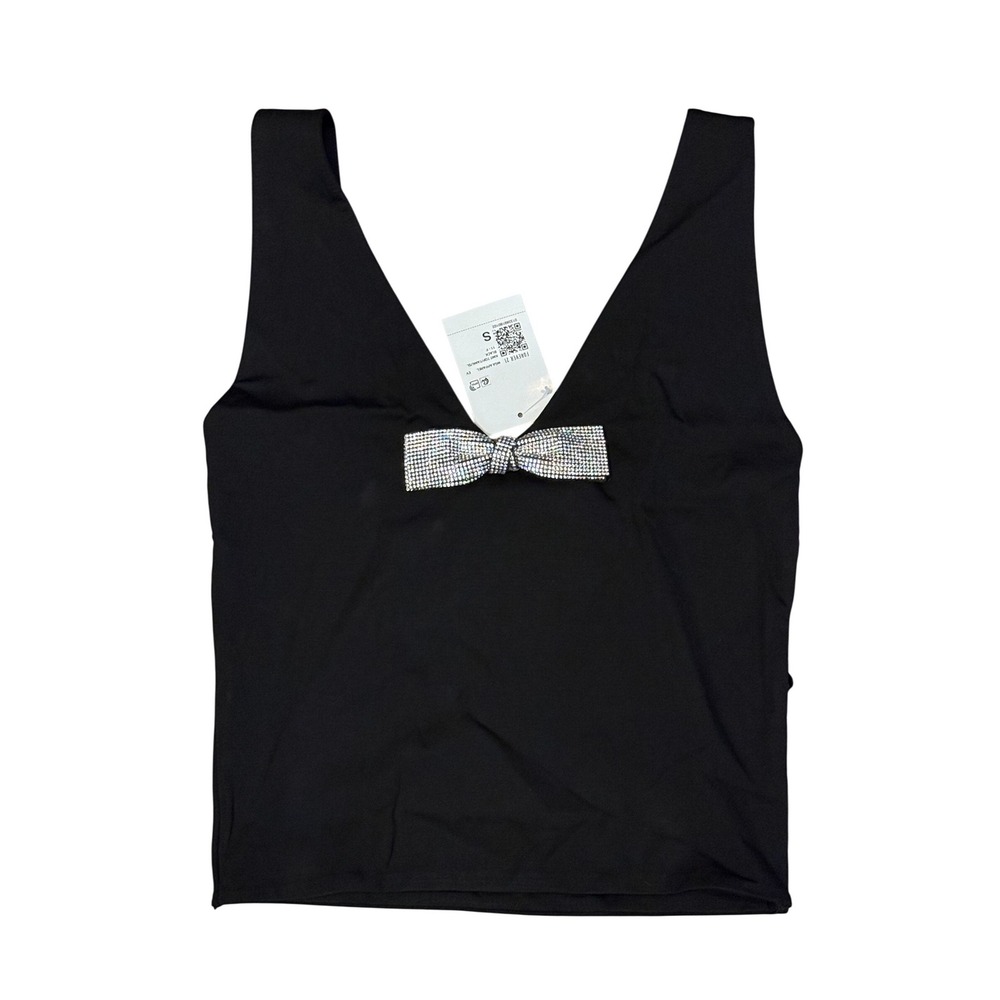 Forever 21 Women Black Rhinestone Bow V-Neck Tank Top Y2K Party Small‎ NWT